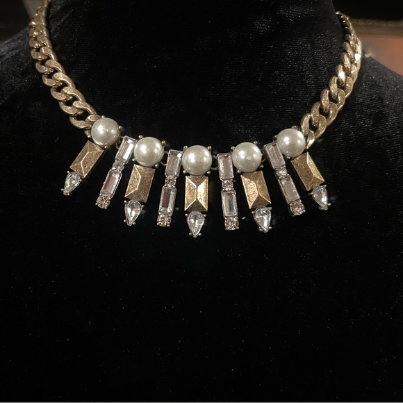 Stunning Brutalist Fringe Necklace Faux Pearls & Crystals 18+ Inches - Picture 2 of 6